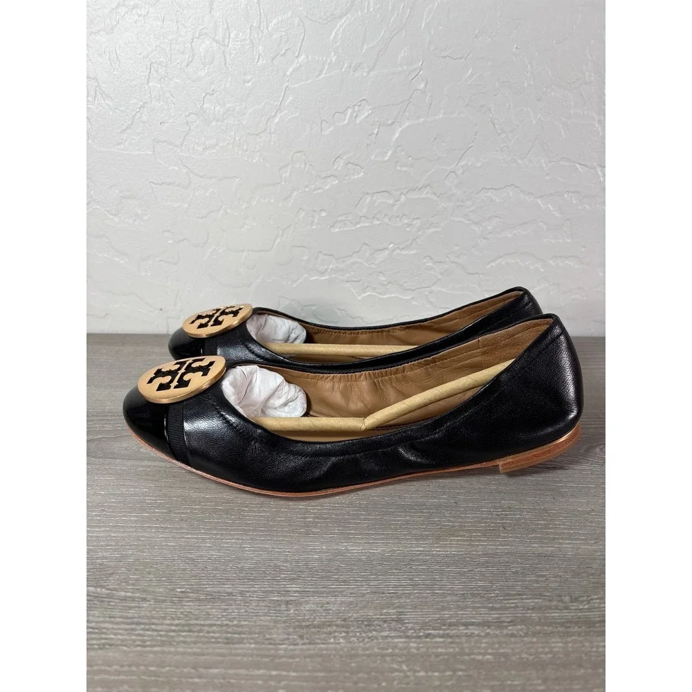Tory Burch Minnie Cap Toe Ballet Flat Perfect Black Leather Gold Logo Size US 6M